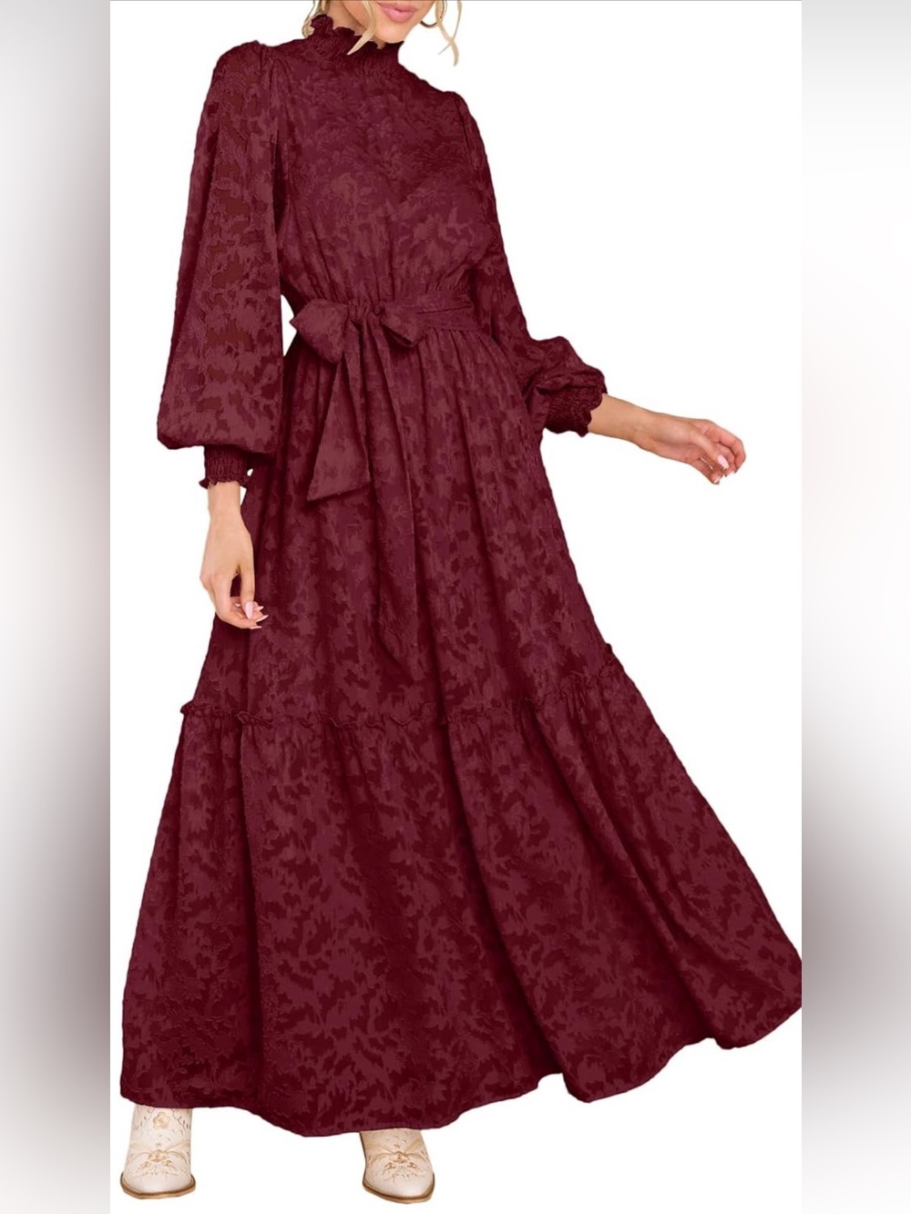 Women's Long Sleeve Belted Maxi Dress - Burgundy